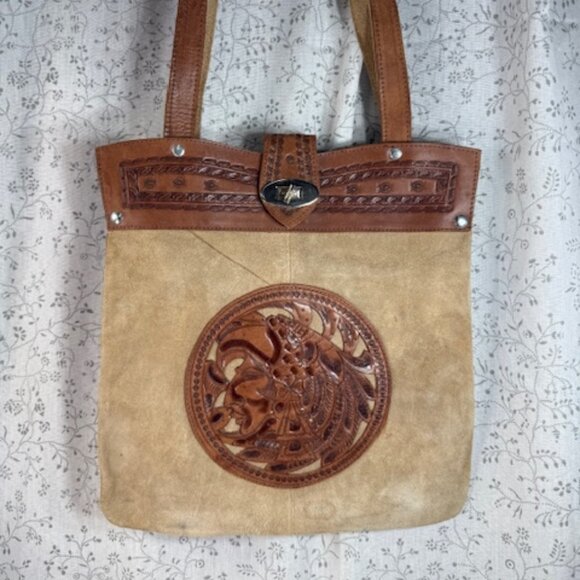 Vintage Leather Hand Tooled Bag Handbag Boho Style Aztec Design - Picture 1 of 10